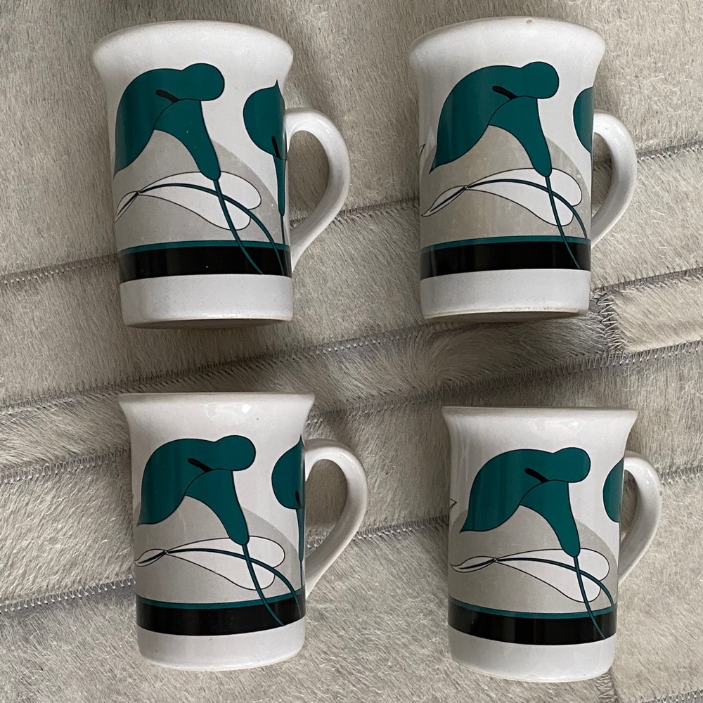 Teal/Black/Silver and White Calla Lillies Ceramic Mug Set of 4 Made in Korea